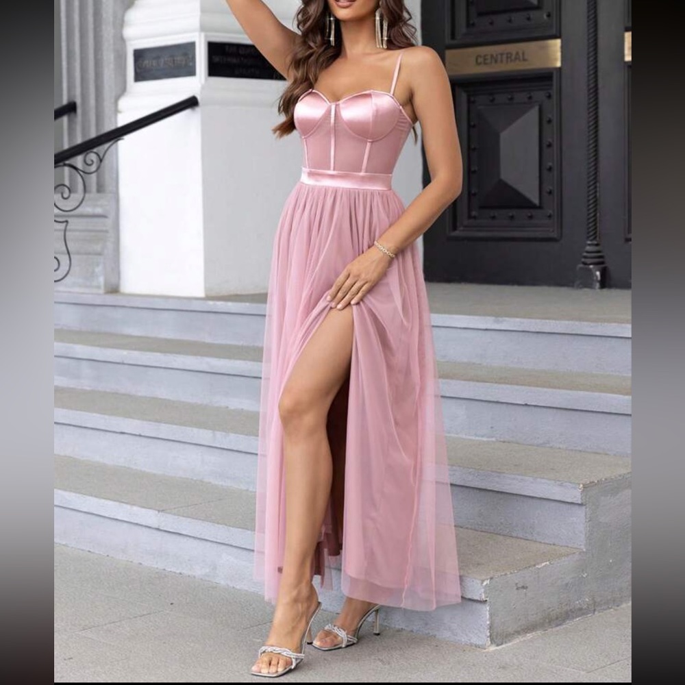 Luxe mesh satin party formal dress - Picture 4 of 7